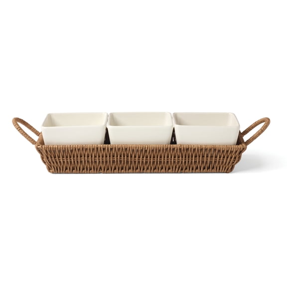 Oneida Willow & White White Stoneware and Rattan 17.37" x 4.81" Serving Set (4 Count)