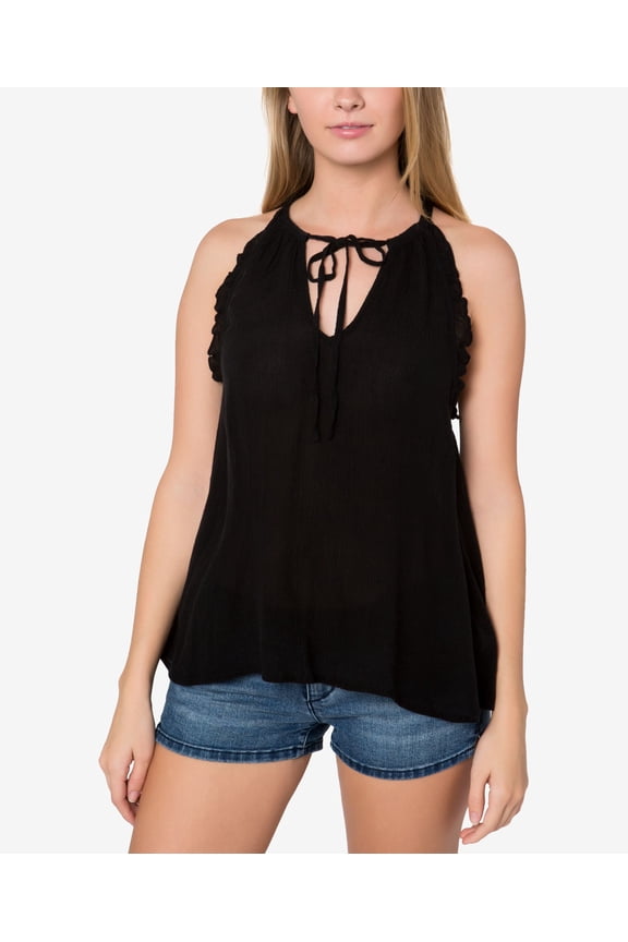 Oneill Juniors Nessie Tie Front Ruffle Top Black 2XS