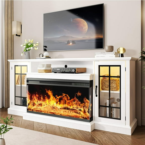 Easoger 36 Inch Fireplace TV Stand for TVs up to 80", LED Light Entertainment Center with 3-Sided Glass Fireplace, TV Console, White