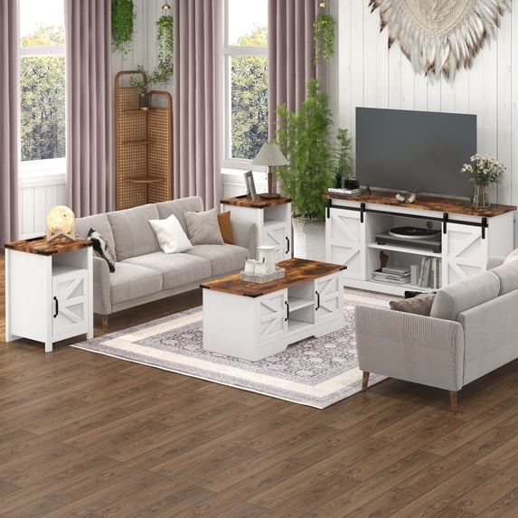 Oneinmil 4-Piece Modern Farmhouse Furniture Set, Rustic Brown TV Stand for TVs up to 65-Inch, Two End Table with Charging Stake and USB Port, Farmhouse Coffee Table for Living Room, Family Room