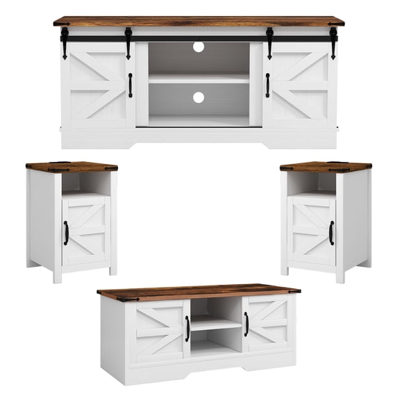 Oneinmil 4-Piece Modern Table Set Includes 58" Sliding Barn Door TV Stand, 39" Coffee Table& 15" Two End Tables with Charging Station and USB Ports, for Living Room, Bedroom(White)