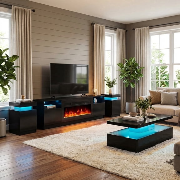 Easoger 4-Piece Table Set Includes Modern Coffee Table, Spacious 36" Fireplace TV Stand and 2 LED Light Endtables, Simple Black Table for Living Room, Bedroom, Black