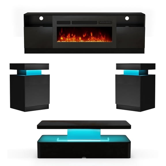 Easoger 4-Piece Table Set Includes Modern Coffee Table, Spacious 36" Fireplace TV Stand and 2 LED Light Endtables, Simple Black Table for Living Room, Bedroom, Black