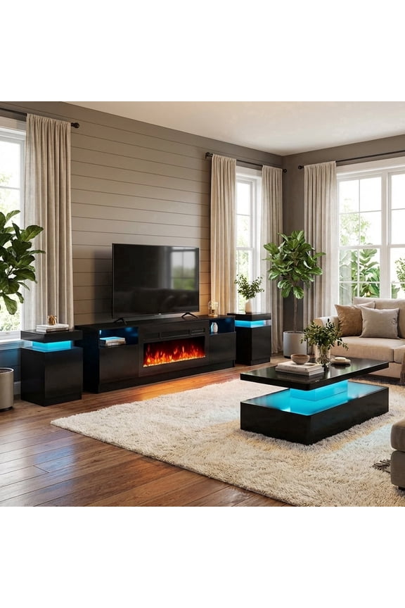 4-Piece Table Set Includes Modern Coffee Table, Spacious 36" Fireplace TV Stand and 2 LED Light Endtables, Simple Black Table for Living Room, Bedroom, Black