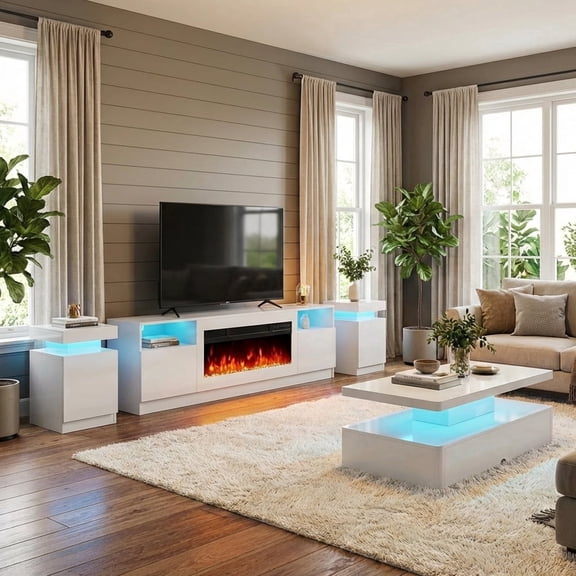 Easoger 4-Piece Table Set Includes Modern Coffee Table, Spacious 36" Fireplace TV Stand and 2 LED Light Endtables, Simple White Table for Living Room, Bedroom, White