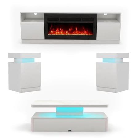 Easoger 4-Piece Table Set Includes Modern Coffee Table, Spacious 36" Fireplace TV Stand and 2 LED Light Endtables, Simple White Table for Living Room, Bedroom, White