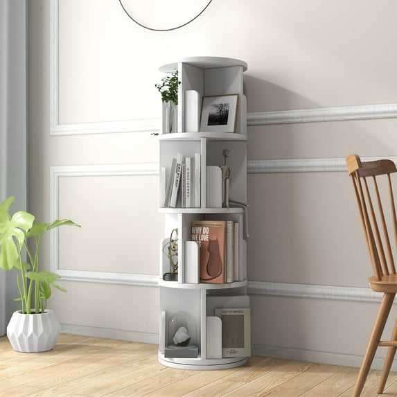 Easoger 4 Tier Rotating Bookshelf, 360° Rotating Wood Floor Standing Bookcase, Freestanding Storage Shelf, Swivel Bookshelf Display Rack, White