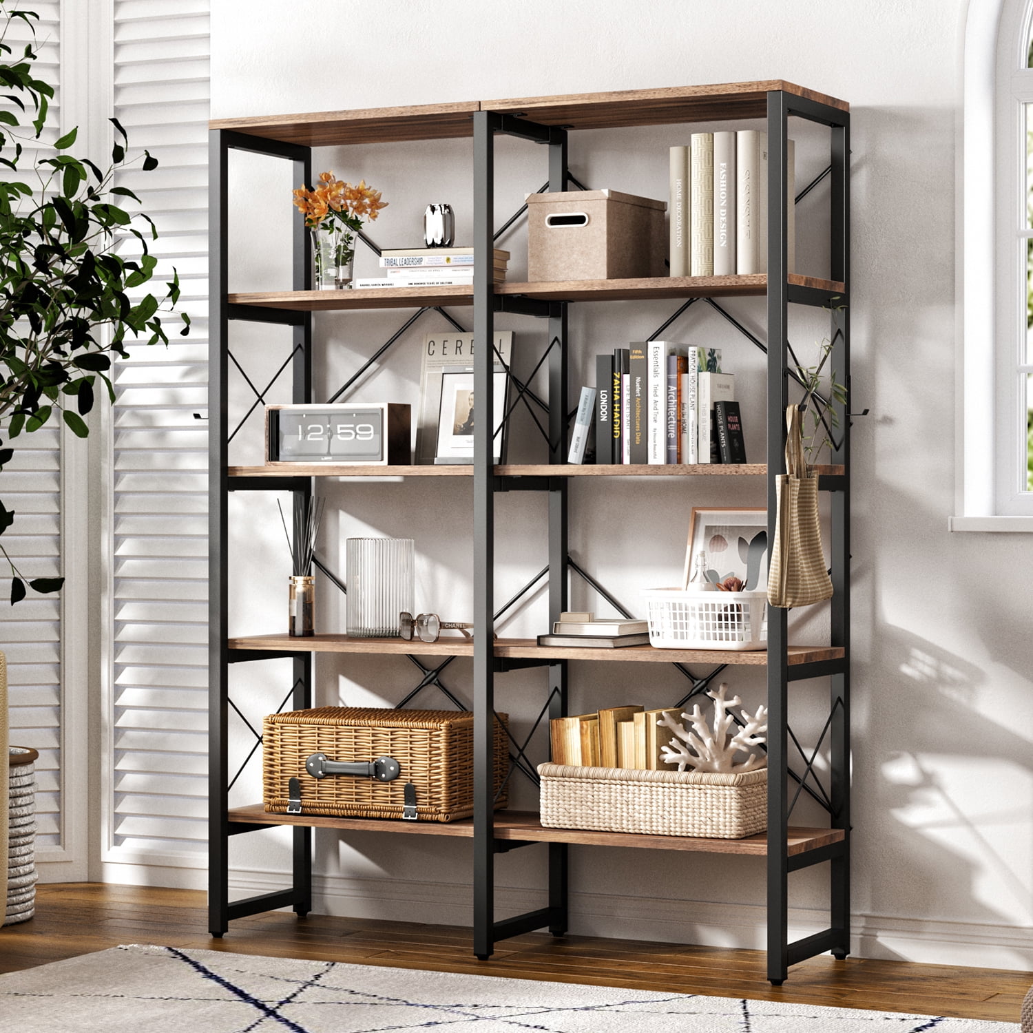 Oneinmil 5-Tier Double Wide Bookcase with X-shape Metal Bars and ...