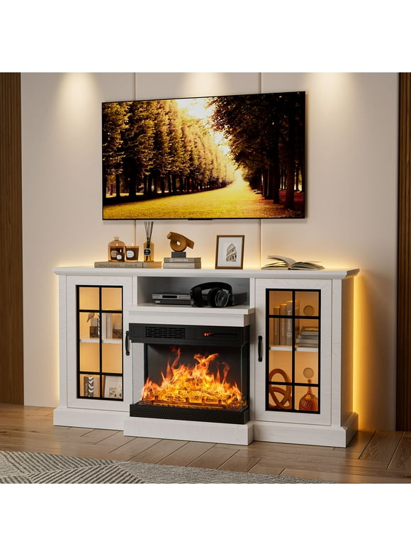 Oneinmil 59'' Fireplace TV Stand for TVs up to 65", 12 Flame Colors&12 LED Light Colors, TV Console with 3-Sided Glass Fireplace, for Living Room, White