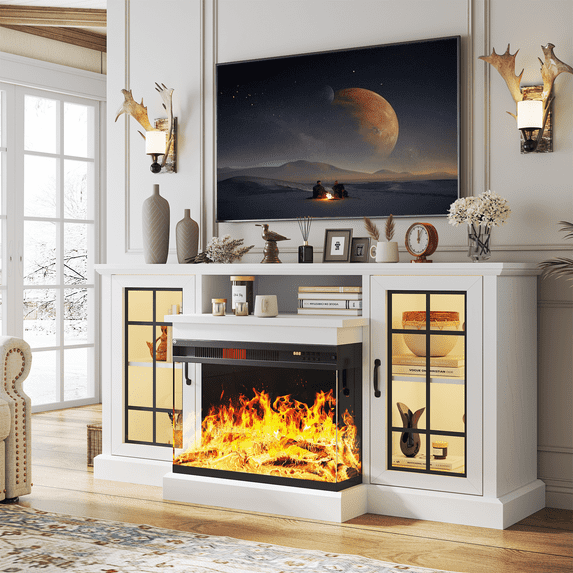 Easoger 59'' Fireplace TV Stand for TVs up to 65", 12 Flame Colors&12 LED Light Colors, TV Console with 3-Sided Glass Fireplace, for Living Room, White