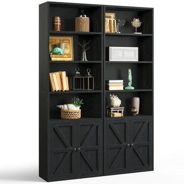 Oneinmil 6 Tier Bookcase Set of 2, Bookshelves with Barn Cabinet Doors, Floor Bookshelves for Home Office, Living Room, Black
