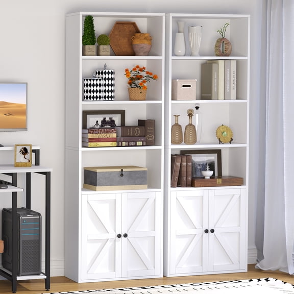 Easoger 6 Tier Bookcase Set of 2, Bookshelves with Barn Cabinet Doors, Floor Bookshelves for Home Office, Living Room, White