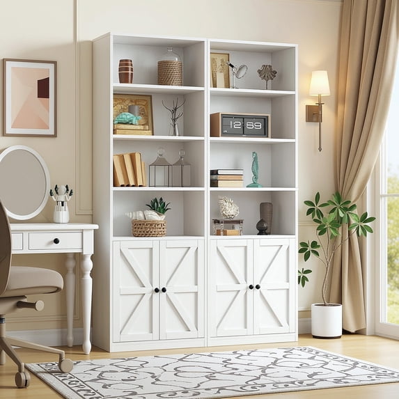 Easoger 6 Tier Bookcase Set of 2, Bookshelves with Barn Cabinet Doors, Floor Bookshelves for Home Office, Living Room, White
