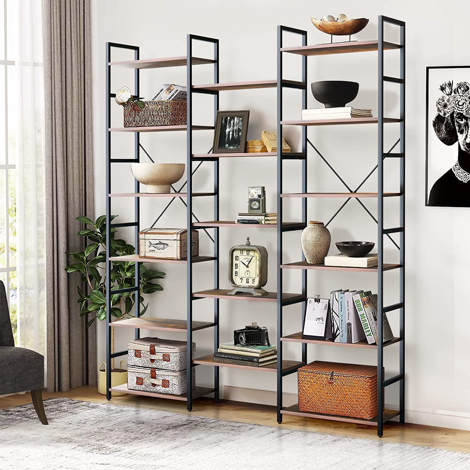 Oneinmil 6 Tiers Triple Wide Corner Bookcase with 17 High Quality Solid
