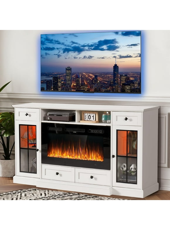 Oneinmil 68” Fireplace TV Stand with 36" Electric Fireplace, Entertainment Center for TVs up to 78 Inch, Media Console Cabinet for Living Room, White