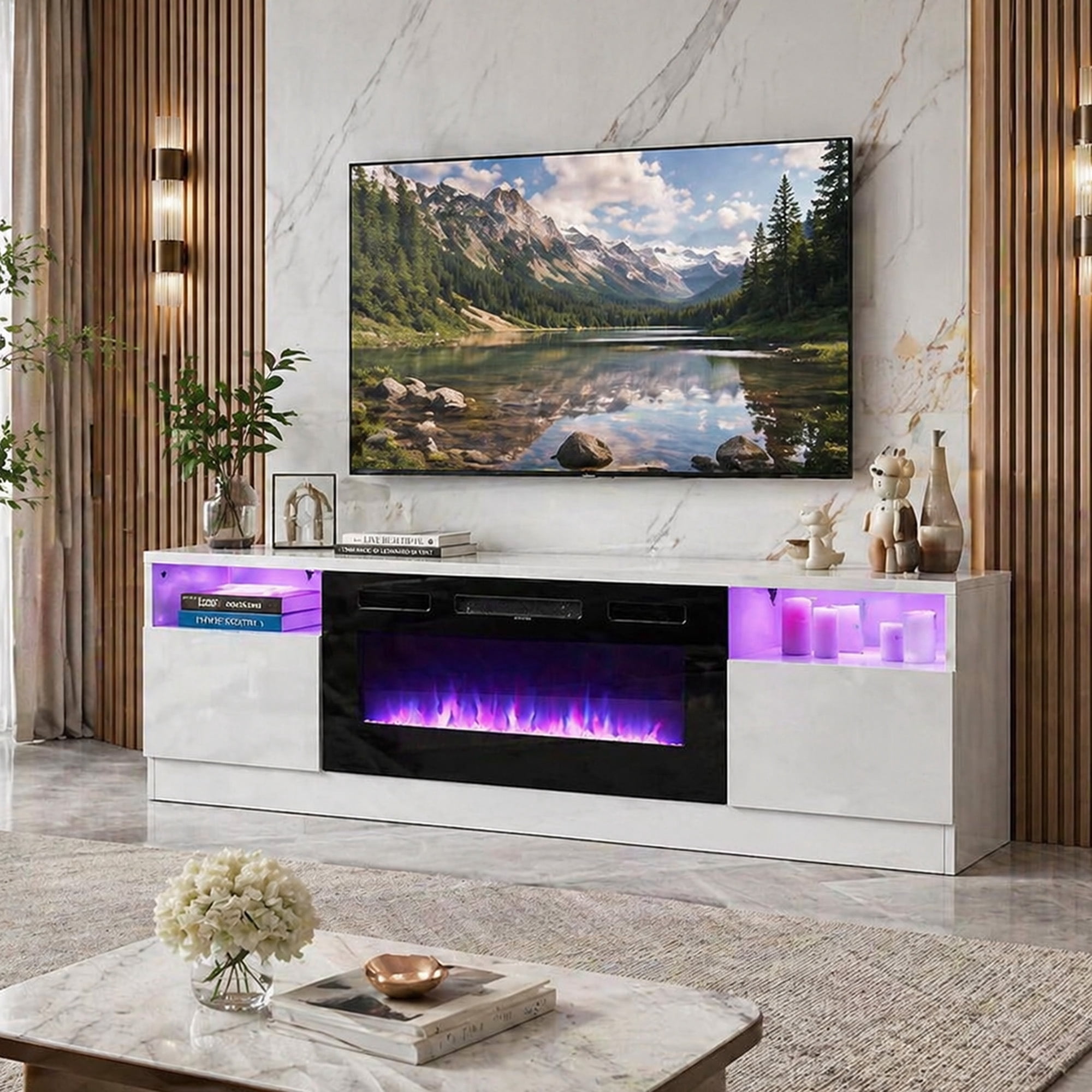 Easoger 70 inch Fireplace TV Stand, White TV Stand with Fireplace for TVs up to 80", 12 LED Colors