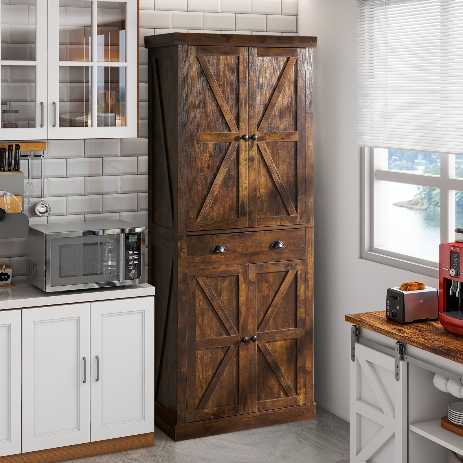 Oneinmil 72" Pantry Storage Tall Kitchen Pantry with Farmhouse Barn Doors for Kitchen