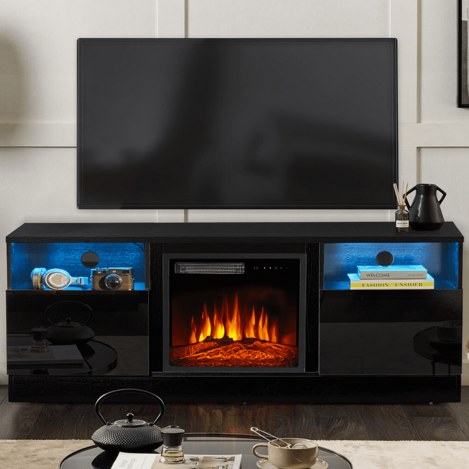 Oneinmil Black Fireplace TV Stand for TVs up to 65 inch, TV Stand with