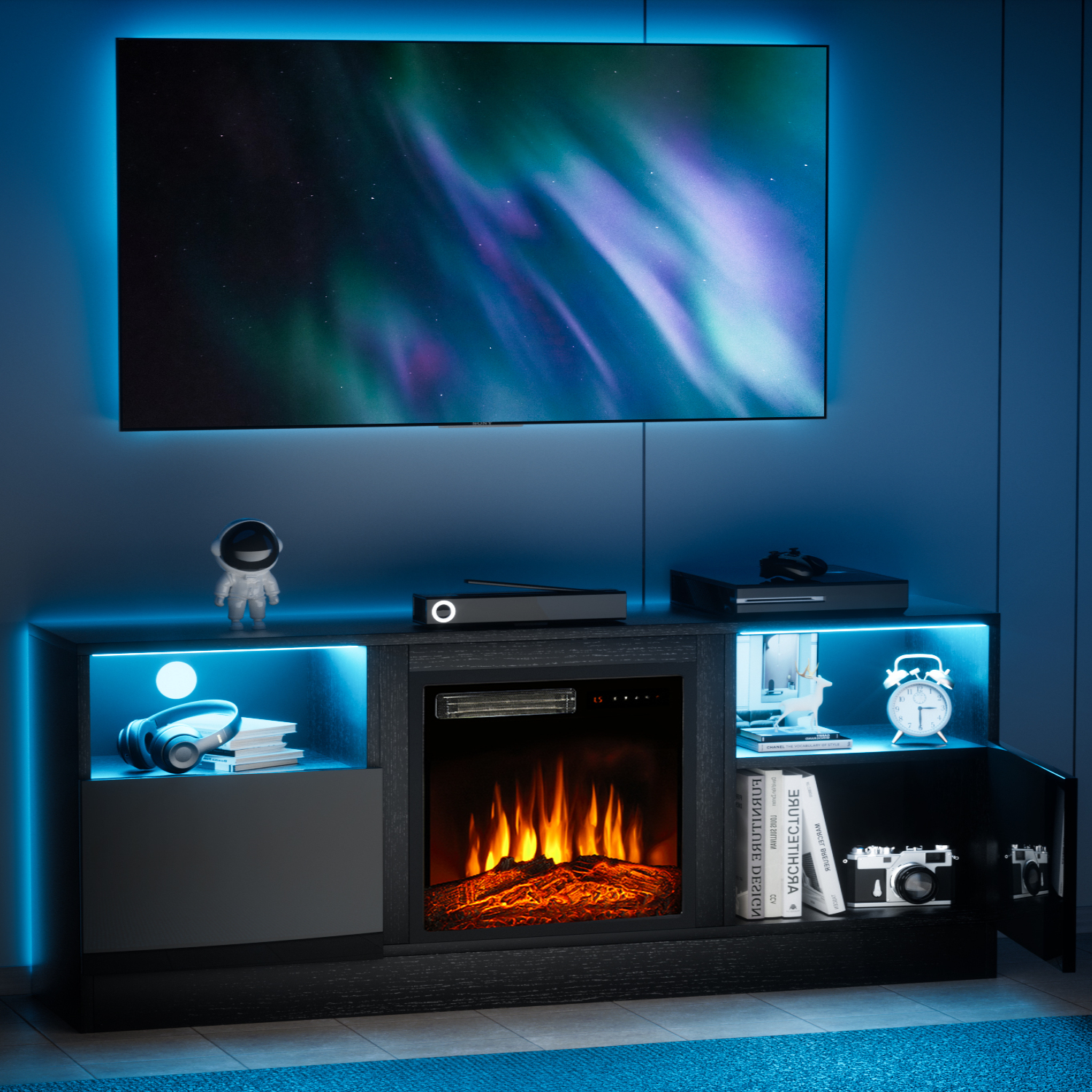 Oneinmil Black TV Stand with Fireplace for TVs up to 65 inch, Fireplace