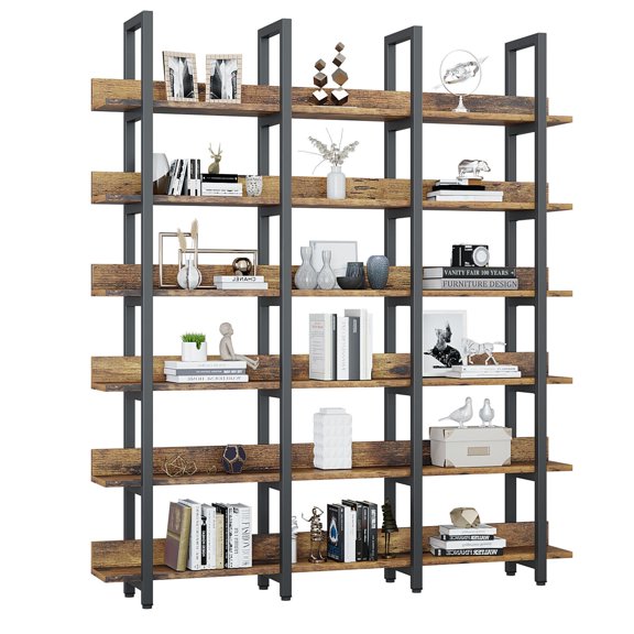 Oneinmil Bookcase and Bookshelves Triple Wide 6 Tiers Large Open Shelves, Vintage Bookcase for Office Home Decoration, Easy to Assemble, Classical Brown