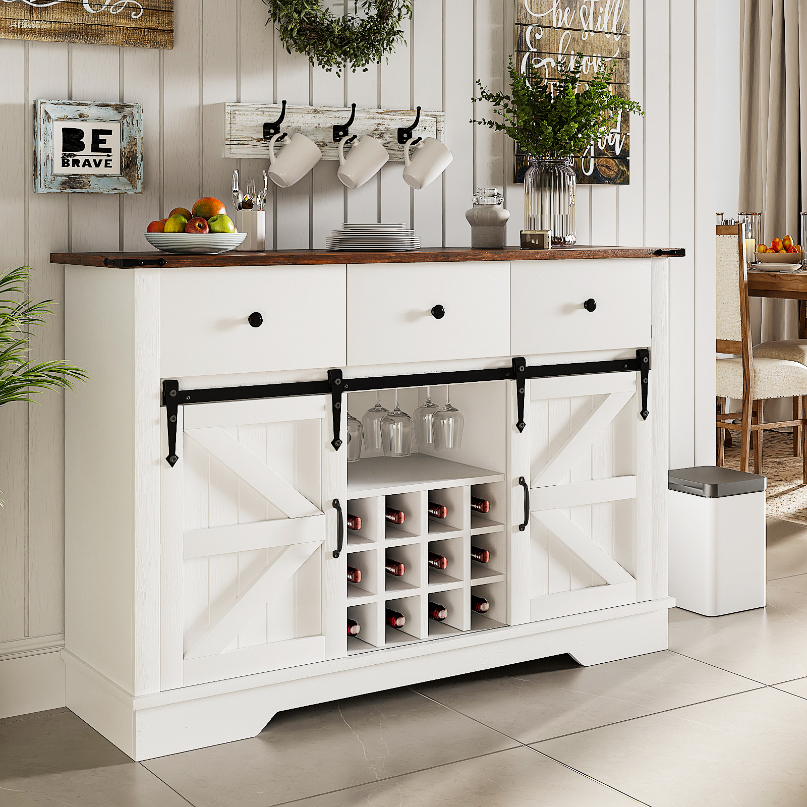 Distressed Sideboard Buffet with Sliding Rail Barn Doors