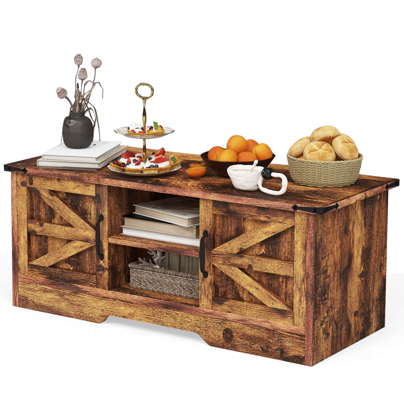 Oneinmil Coffee Table, Farmhouse & Industrial Center Table with Storage, Rustic Style Wooden