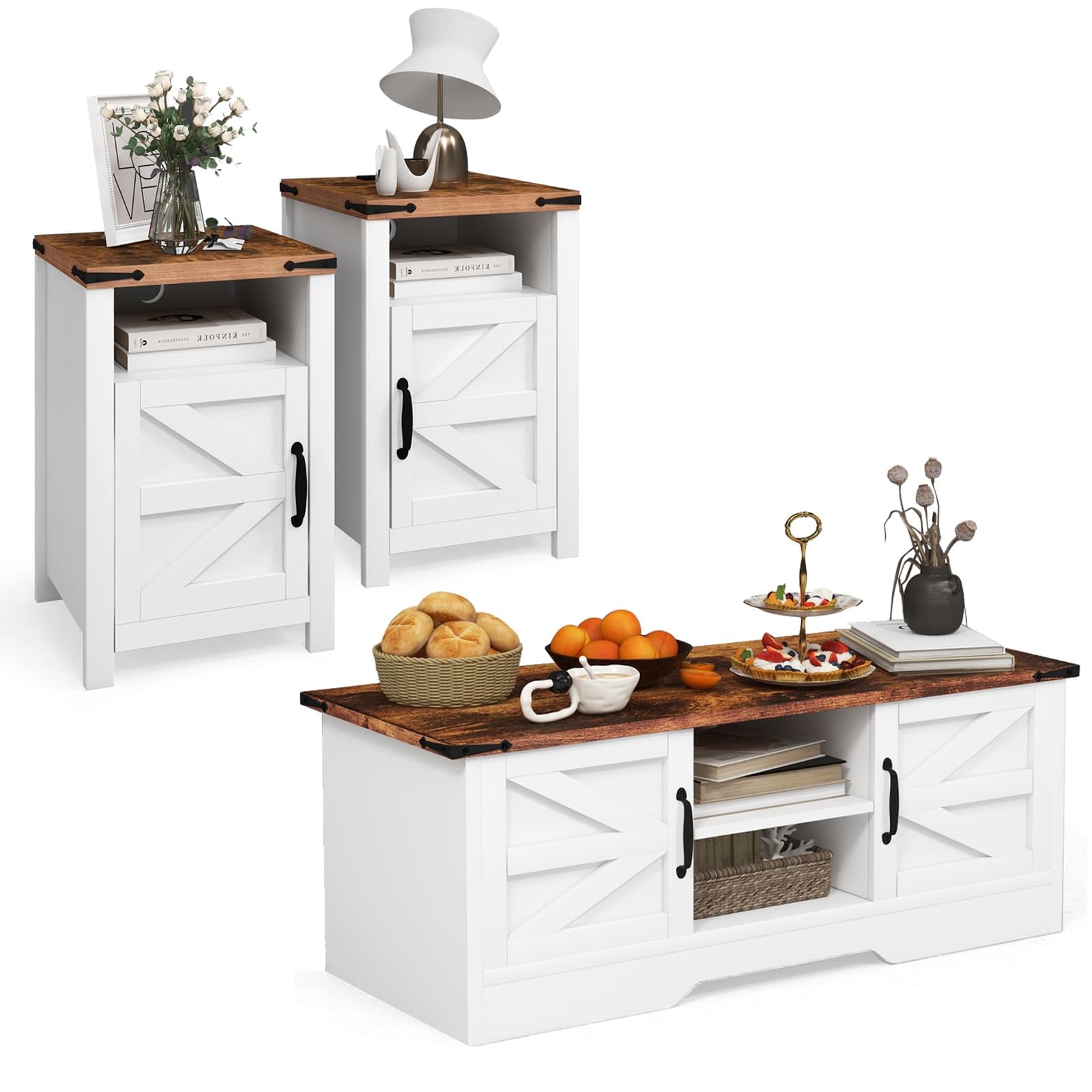 "Oneinmil 3-Piece Living Room Set: 2 Farmhouse End Tables & 39"" Coffee ...