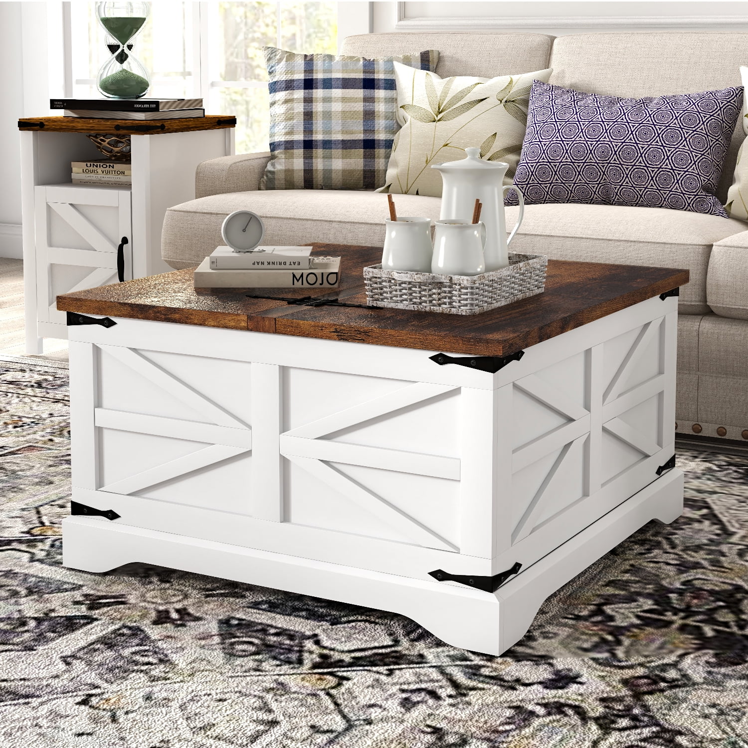 Easoger Farmhouse Coffee Table, Square Wood Center Table with Large Storage Space, Metal Corners for Living Room, White