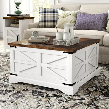 Oneinmil Farmhouse Coffee Table, Square Wood Center Table with Large Storage Space, Metal Corners for Living Room, White