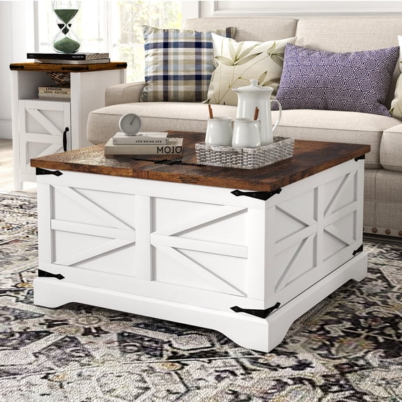 Easoger Farmhouse Coffee Table, Square Wood Center Table with Large Storage Space, Metal Corners for Living Room, White