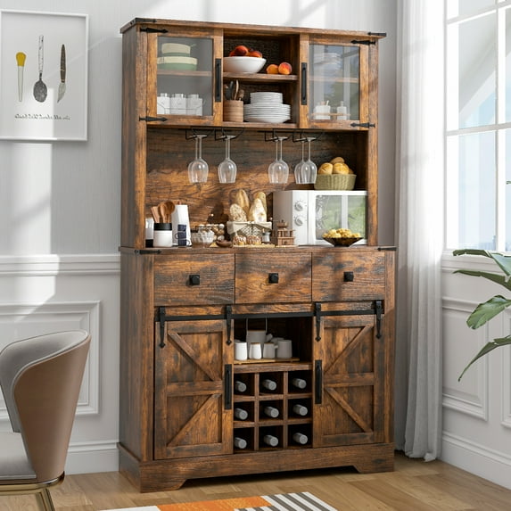 Oneinmil Farmhouse Pantry Storage Buffet Cabinet for Liquor and Glasses, Rustic Wine Bar Cabinet with 3 Drawers, Adjustable Shelves for Kitchen, Dining Room, Brown
