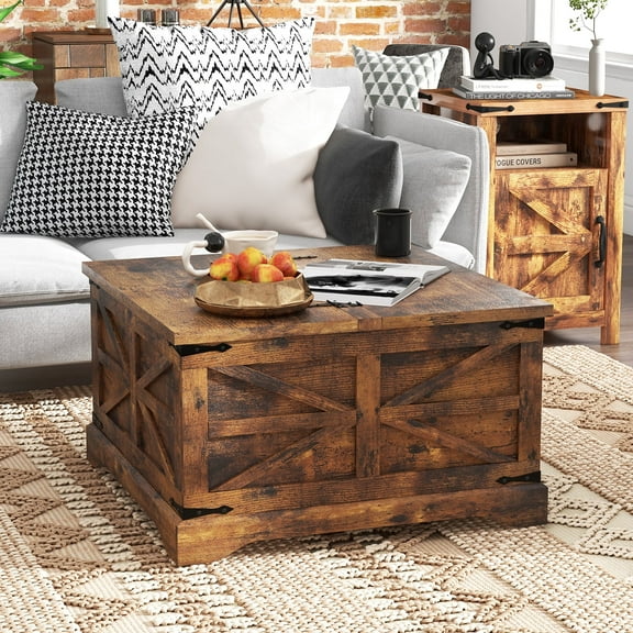 Easoger Farmhouse Storage Square MDF Coffee Table with Metal Corners, Brown