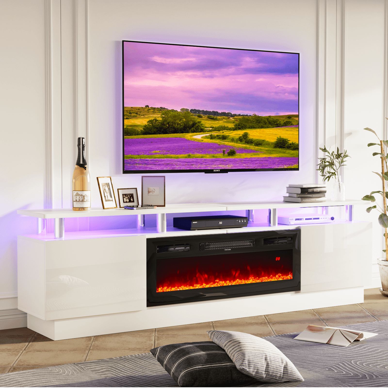 Tv stand with fireplace led lights discount