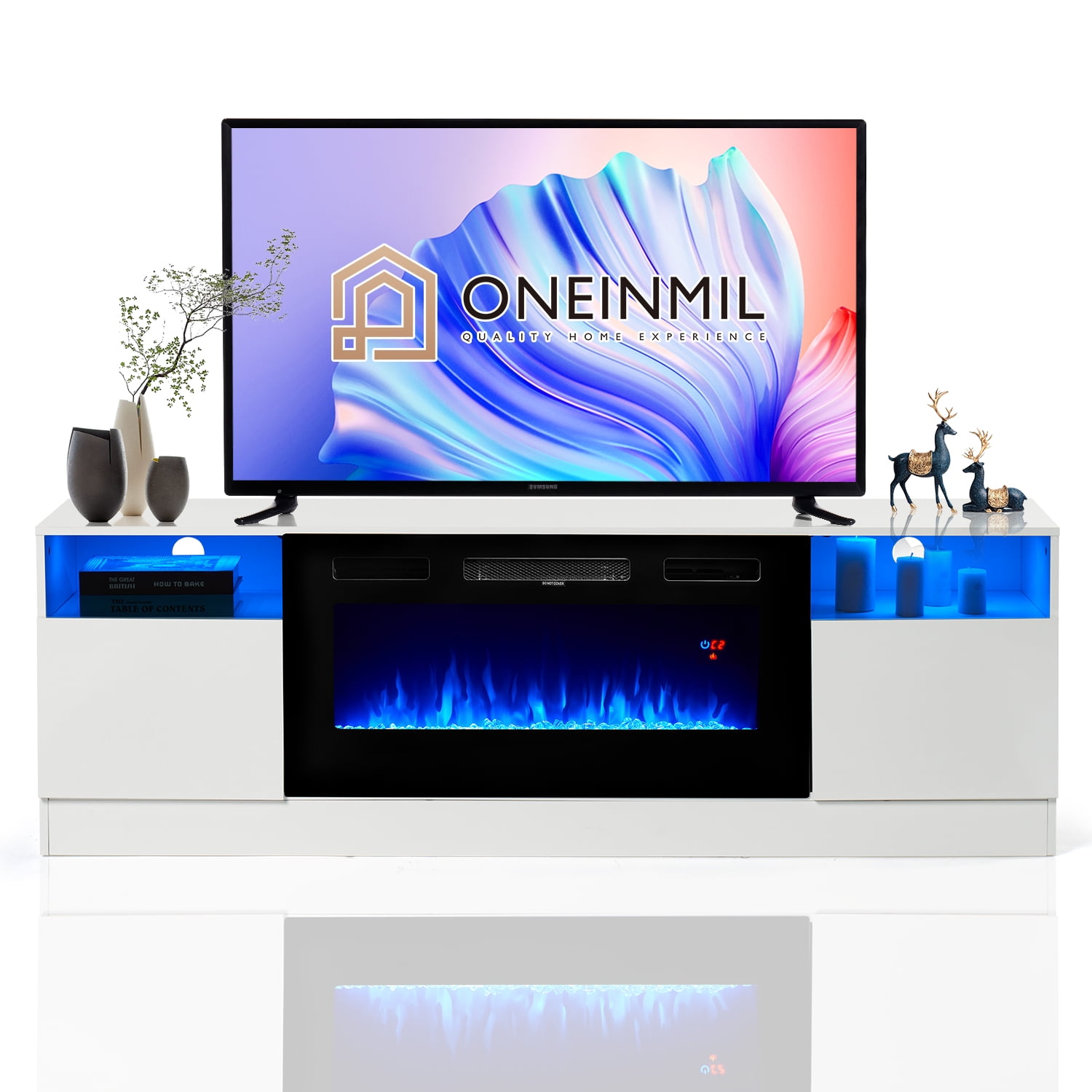 "Oneinmil 70” TV Stand, White, Fits up to 80"" TVs, with 36'' Electric