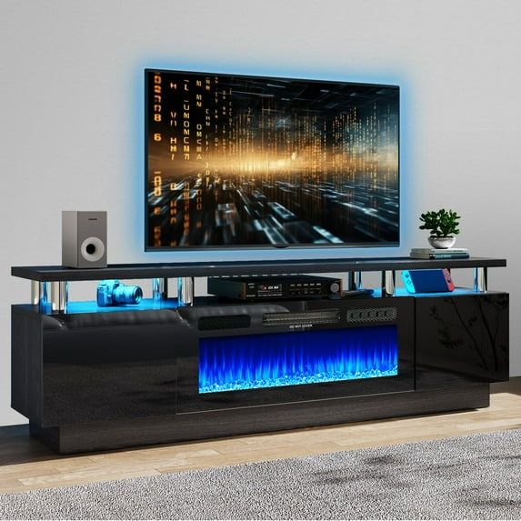 Easoger Fireplace TV Stand, Entertainment Center for TVs up to 80", 70” TV Stand with 36'' Electric Fireplace, LED Lights Entertainment Center, TV Console, Black
