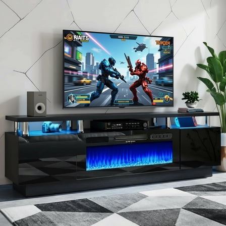 Easoger Fireplace TV Stand, Entertainment Center for TVs up to 80", 70” TV Stand with 36'' Electric Fireplace, LED Lights Entertainment Center, TV Console, Black