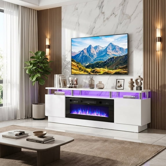 Easoger Fireplace TV Stand, Entertainment Center for TVs up to 80", 70” TV Stand with 36'' Electric Fireplace, LED Lights Entertainment Center, TV Console, White