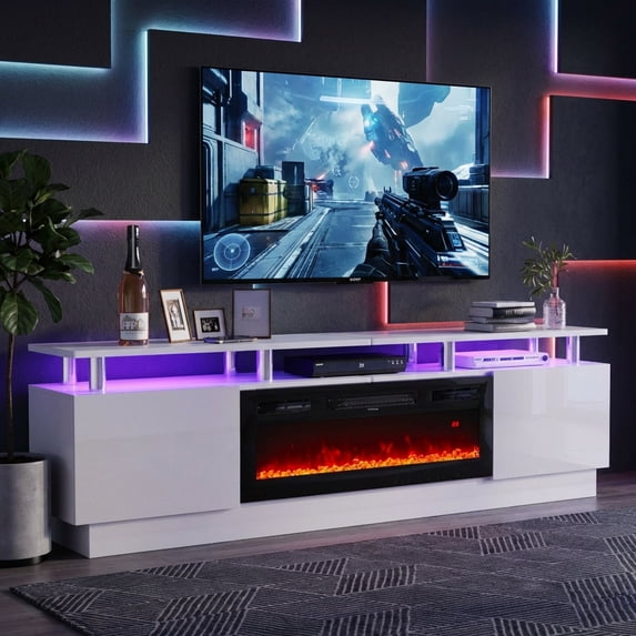 Easoger Fireplace TV Stand, Entertainment Center for TVs up to 80", 70” TV Stand with 36'' Electric Fireplace, LED Lights Entertainment Center, TV Console, White