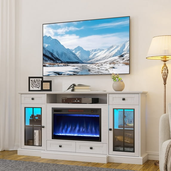 Oneinmil Fireplace TV Stand for 65 Inch TV, 58'' Farmhouse Entertainment Center with 23" Electric Fireplace for Living Room, White