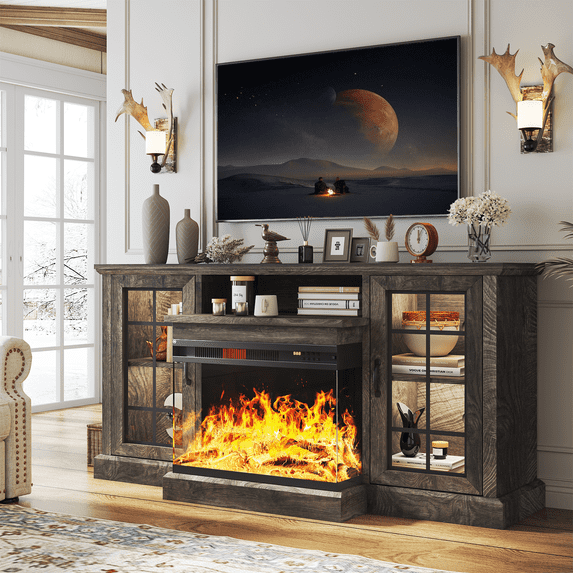 Easoger Fireplace TV Stand for TVs up to 65", 12 Flame Colors&12 LED Light Colors, TV Console with 3-Sided Glass Fireplace, for Living Room, Gray