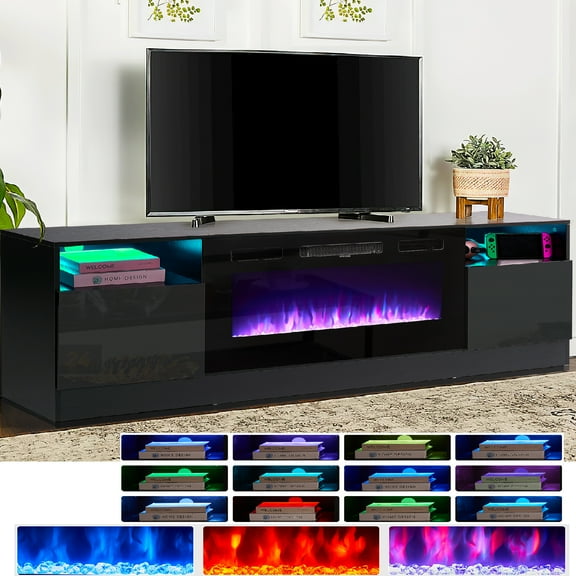 Easoger Fireplace TV Stand for TVs up to 80", TV Stand with 36'' Electric Fireplace, LED Lights Entertainment Center, TV Console, Black