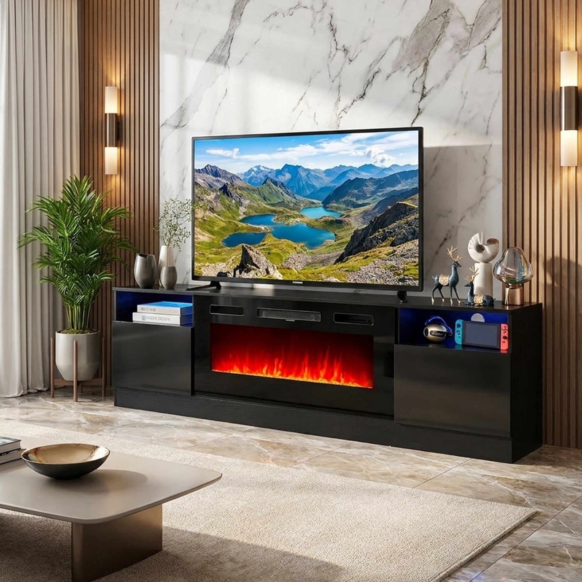 Easoger 70”  Fireplace TV Stand for TVs up to 80", TV Stand with 36'' Electric Fireplace, LED Lights Entertainment Center, TV Console, Black
