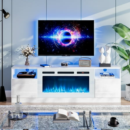 Easoger Fireplace TV Stand for TVs up to 80", TV Stand with 36'' Electric Fireplace, LED Lights Entertainment Center, TV Console, White