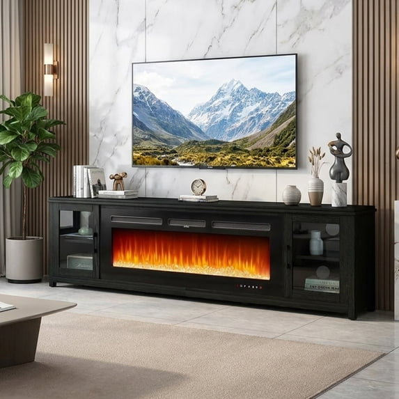 Easoger Fireplace TV Stand for TVs up to 90", 80" TV Stand with 50" Electric Fireplace, Entertainment Center with Glass Doors, Black