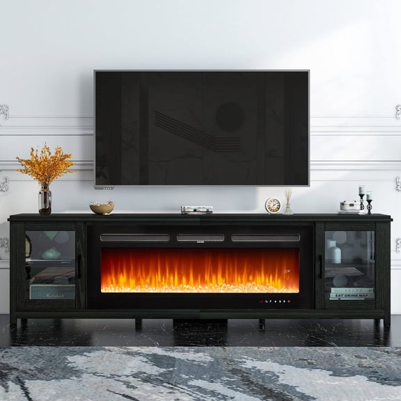 Easoger Fireplace TV Stand for TVs up to 90", 80" TV Stand with 50" Electric Fireplace, Entertainment Center with Glass Doors, Black