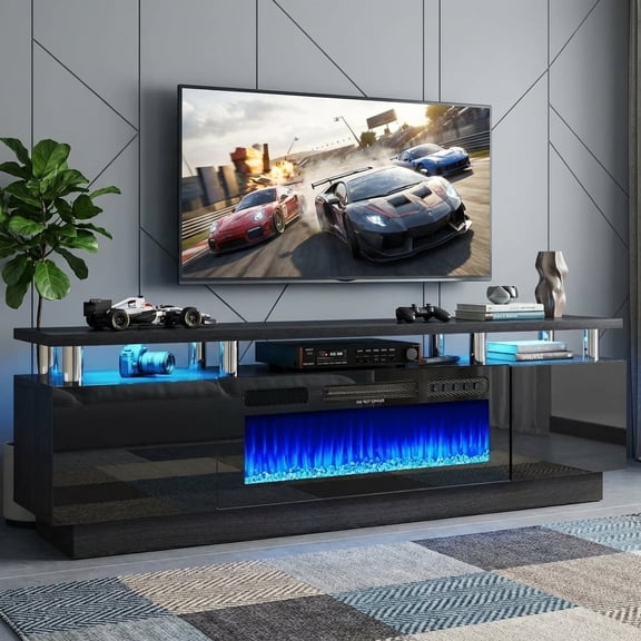 Easoger Fireplace TV Stand with 36” Electric Fireplace, Entertainment Center for TVs up to 90", LED Lights Entertainment Center, TV Console, Black
