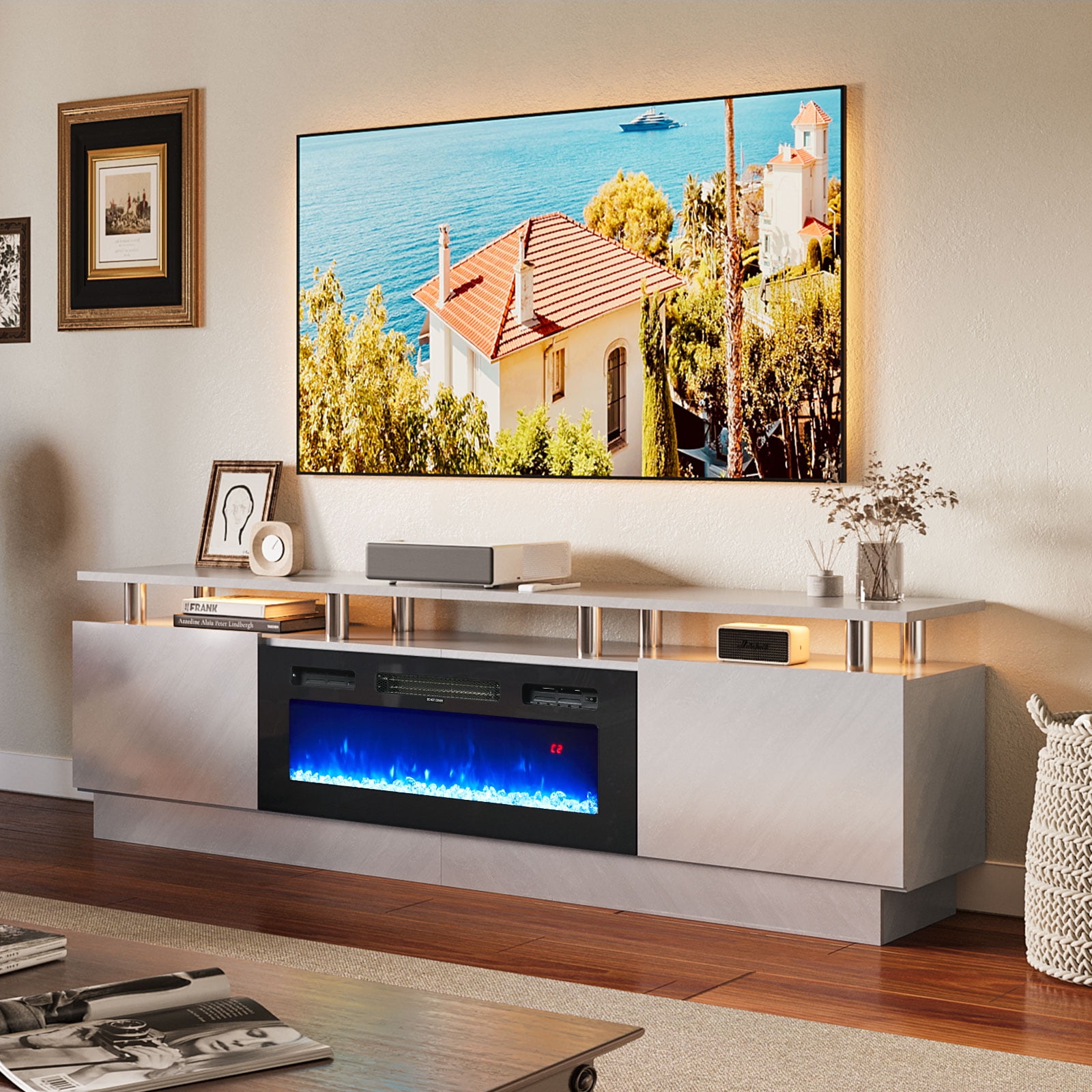 Gray 80" Modern Fireplace TV Stand with Cabinets