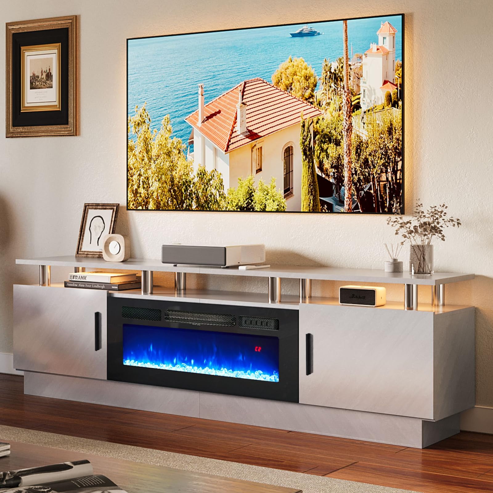 Gray 80" Modern Fireplace TV Stand with Cabinets