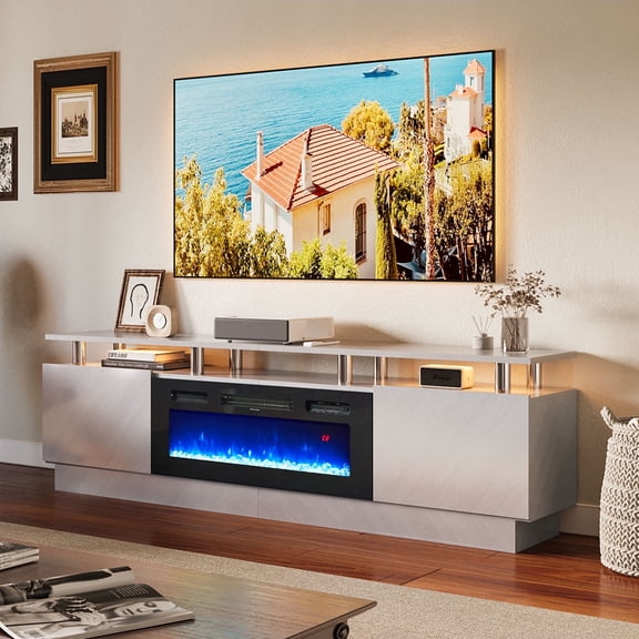 Oneinmil Fireplace TV Stand with 36” Electric Fireplace, Entertainment Center for TVs up to 90", LED Lights Entertainment Center, TV Console, Grey