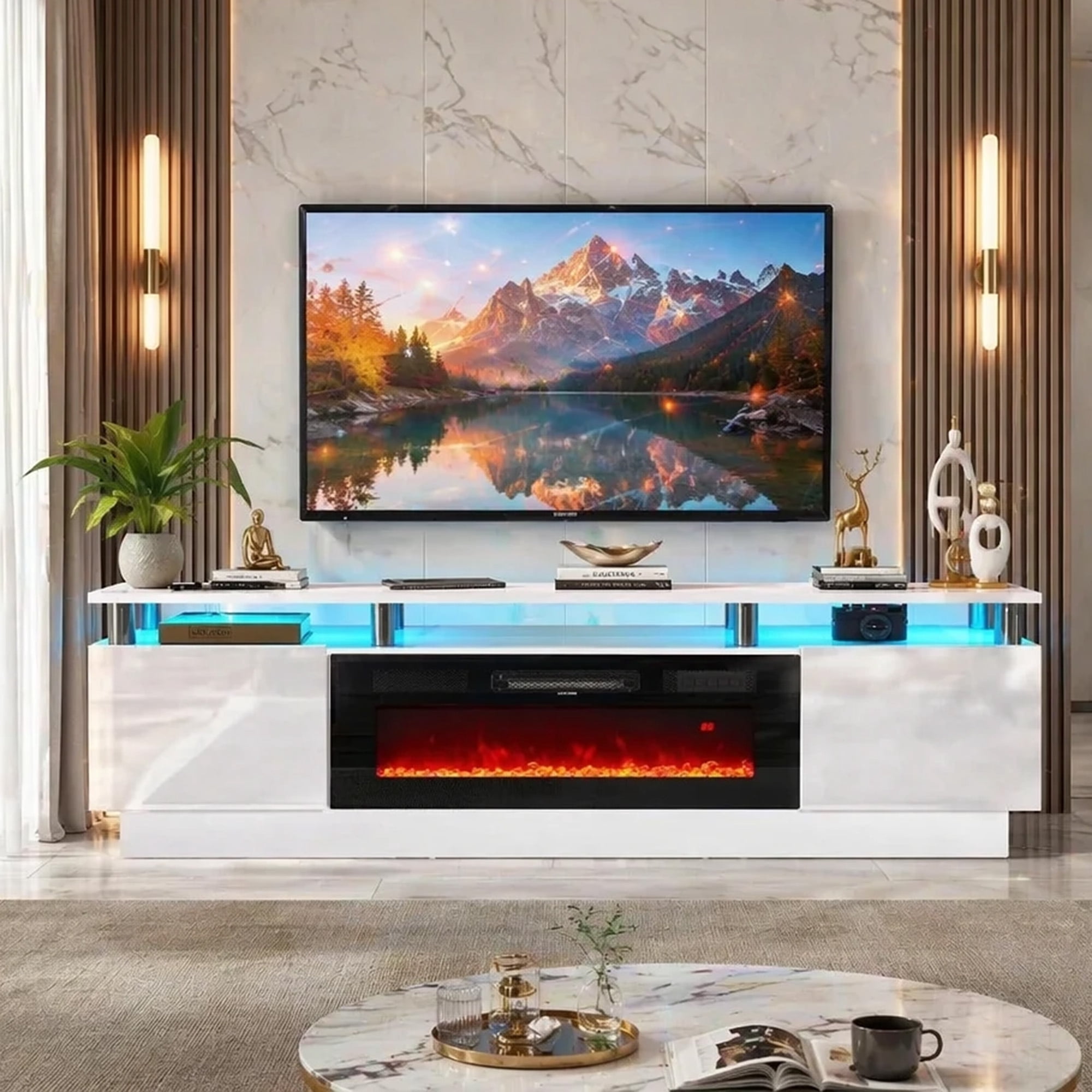 Oneinmil Fireplace TV Stand with 36” Electric Fireplace, Entertainment Center for TVs up to 90", LED Lights Entertainment Center, TV Console, White